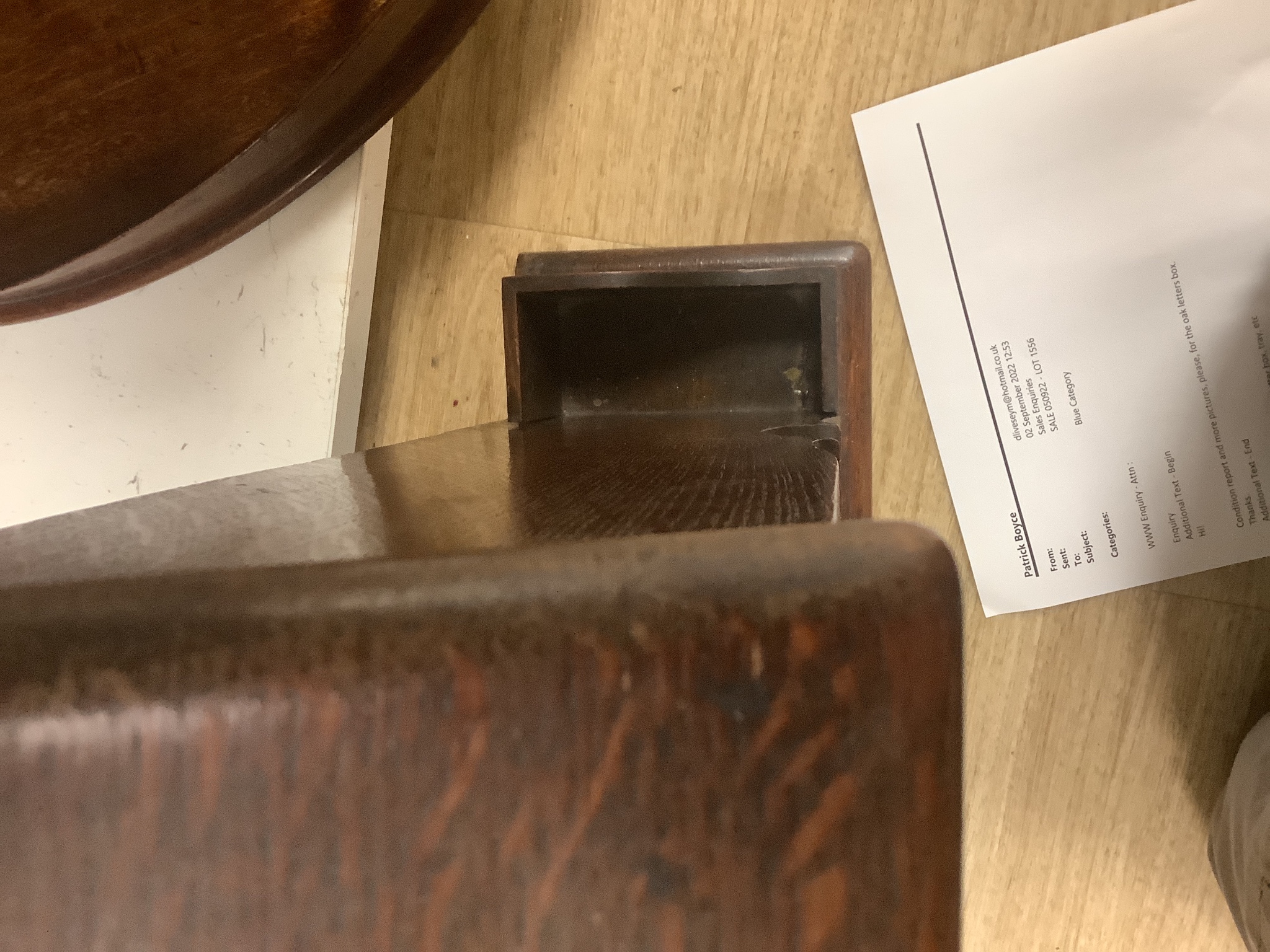 A Victorian wall shelf and oak letter box, tray, etc